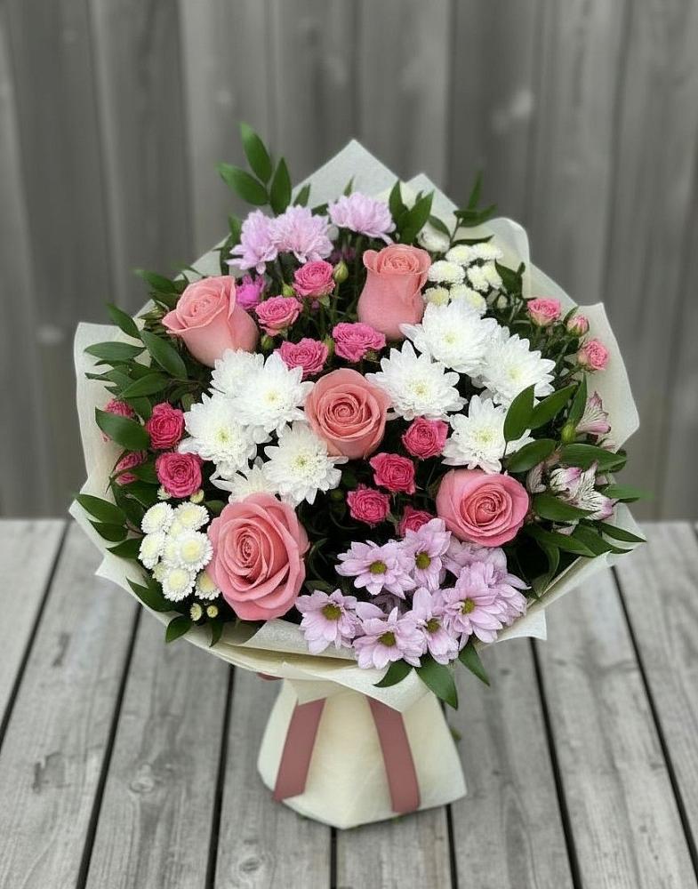 Букет цветов из: Альстромерии, Гвоздики, Розы и Хризантемы в Поселке совхоз имени Ленина