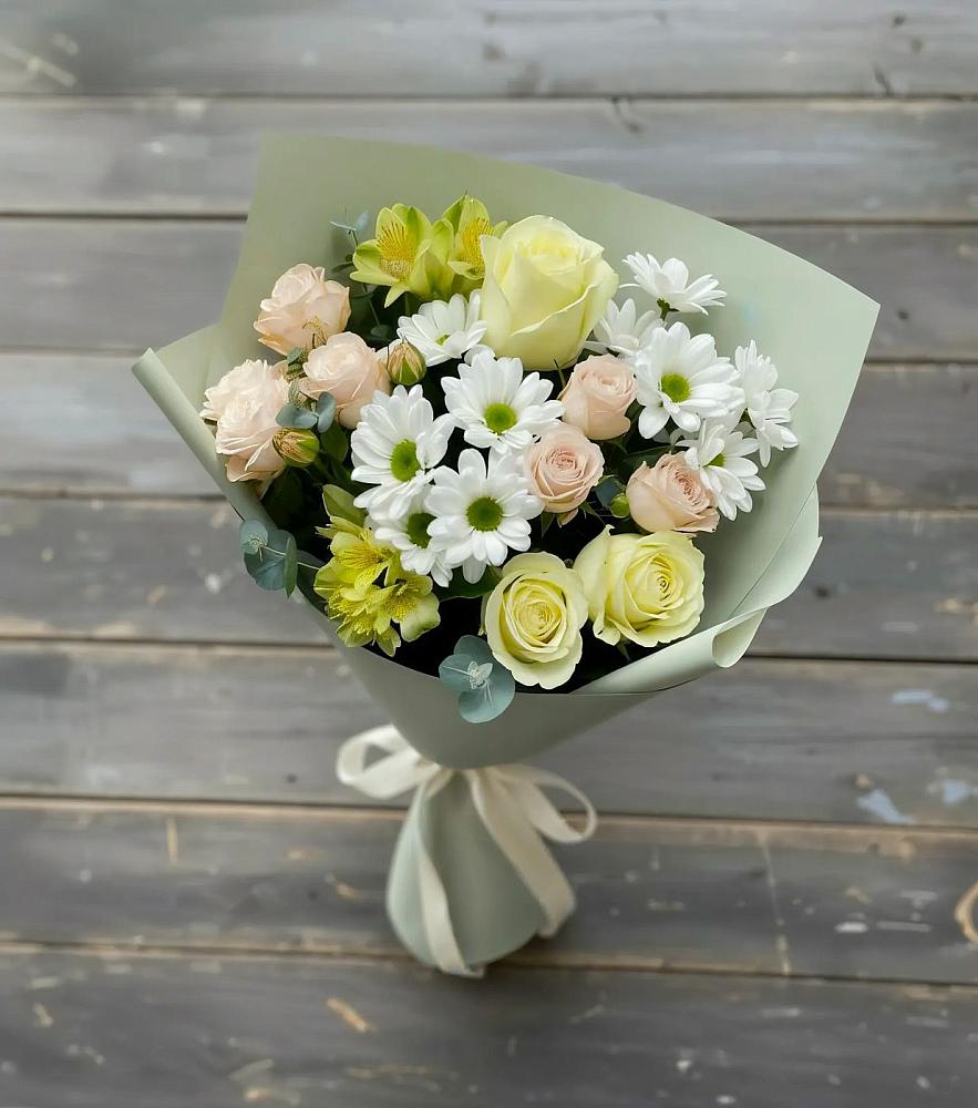 Букет цветов из: Альстромерии, Розы и Хризантемы в Поселке совхоз имени Ленина