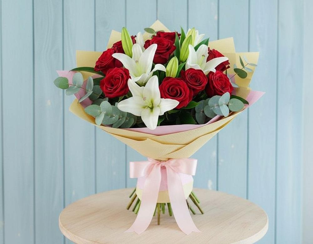 Букет цветов из: Лилии и Розы в Поселке совхоз имени Ленина